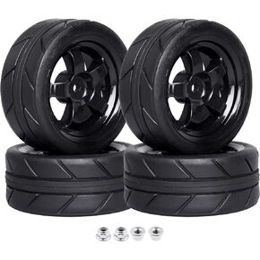 Pre-Glued OD 2.55" 12mm Hex Wheels Rims and Rubber Tires for Traxxas Tamiya HPI HSP Redcat RC 1/10 On Road Racing Car, Set of 4 (Color A)