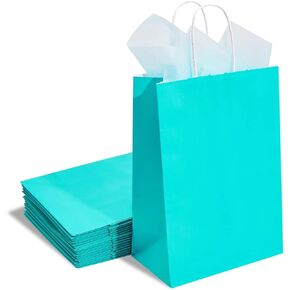DjinnGlory 24 Pack Medium Size Teal Blue Paper Gift Bags with Handles 10x8x4 Inch and 24 Tissue Paper for Birthday Wedding Baby Bridal Shower Party Favors, Merchandise Shopping Bags in Kuwait