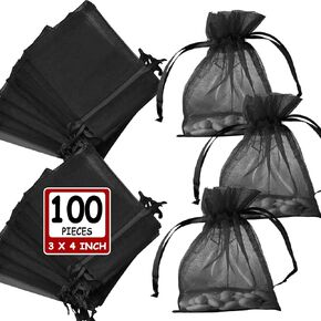 أكياس أورجانزا حمراء من Ableme Deco مقاس 3 × 4 بوصة (100 قطعة) أكياس هدايا شبكية شفافة برباط أكياس مجوهرات أورجانزا حقيبة صغيرة برباط لصالح الزفاف، والحفلات، والصابون، وهدايا استحمام الطفل