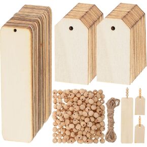 261 Pieces Christmas Stocking Name Tags Blank Present Wood Tags with Holes Wooden Bookmarks Natural Wood Beads Assorted Unfinished Wooden Beads with Rope for Garland DIY Crafts Party Decor (White) in Saudi Arabia