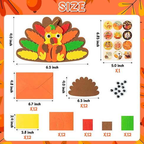 B1ykin عيد الشكر بطاقات الشكر مجموعة الحرف الرغوية للأطفال، DIY الخريف تركيا بطاقة الشكر مع المغلفات، 12 مجموعات DIY بطاقات المعايدة الخريف الحرف اليدوية للمدرسة الحزب الفصول الدراسية الأنشطة المنزلية اللوازم in Kuwait