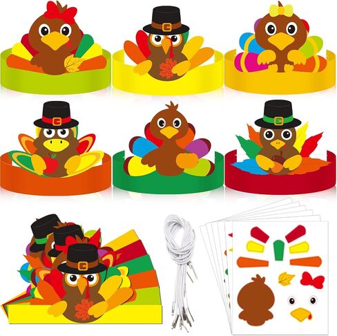 24 Sets Fall Turkey Headbands Fall Craft Kits DIY, Turkey Paper Hats Autumn Crown with Fall Leaf Turkey Pumpkin Pine Cone Feather Eyes Stickers Art Sets for Thanksgiving Kids Party Class Home Activity in Saudi Arabia