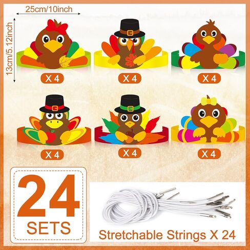 24 Sets Fall Turkey Headbands Fall Craft Kits DIY, Turkey Paper Hats Autumn Crown with Fall Leaf Turkey Pumpkin Pine Cone Feather Eyes Stickers Art Sets for Thanksgiving Kids Party Class Home Activity in Saudi Arabia