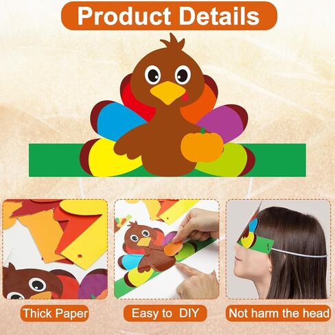 24 Sets Fall Turkey Headbands Fall Craft Kits DIY, Turkey Paper Hats Autumn Crown with Fall Leaf Turkey Pumpkin Pine Cone Feather Eyes Stickers Art Sets for Thanksgiving Kids Party Class Home Activity in Saudi Arabia