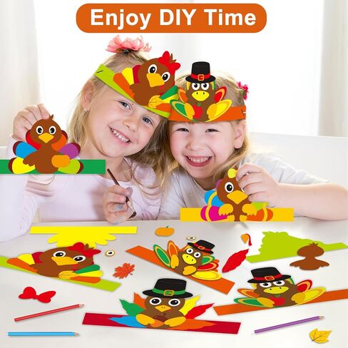 24 Sets Fall Turkey Headbands Fall Craft Kits DIY, Turkey Paper Hats Autumn Crown with Fall Leaf Turkey Pumpkin Pine Cone Feather Eyes Stickers Art Sets for Thanksgiving Kids Party Class Home Activity in Saudi Arabia