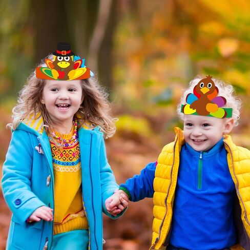 24 Sets Fall Turkey Headbands Fall Craft Kits DIY, Turkey Paper Hats Autumn Crown with Fall Leaf Turkey Pumpkin Pine Cone Feather Eyes Stickers Art Sets for Thanksgiving Kids Party Class Home Activity in Saudi Arabia