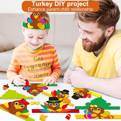 24 Sets Fall Turkey Headbands Fall Craft Kits DIY, Turkey Paper Hats Autumn Crown with Fall Leaf Turkey Pumpkin Pine Cone Feather Eyes Stickers Art Sets for Thanksgiving Kids Party Class Home Activity in Saudi Arabia