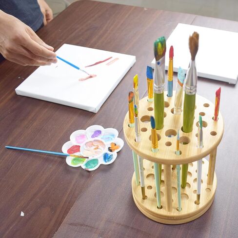 حامل فرشاة طلاء الخيزران الدوار 360 درجة من Yeeyeah - سعة كبيرة حامل فرشاة طلاء بالألوان المائية وحامل عرض ومنظم للمكتب والفنون والحرف اليدوية in Kuwait