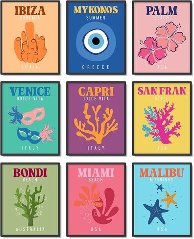 ملصقات فنية جدارية للسفر من Teevoc بمقاس 20.32 سم × 25.4 سم غير مؤطرة، 9 قطع ملونة من Preppy لديكور الغرفة الجمالية، ملصقات فنية جمالية Preppy، ملصق مسكن جامعي وردي، مجموعة من 9 بدون إطار in Kuwait