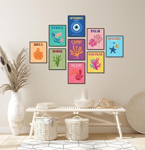 ملصقات فنية جدارية للسفر من Teevoc بمقاس 20.32 سم × 25.4 سم غير مؤطرة، 9 قطع ملونة من Preppy لديكور الغرفة الجمالية، ملصقات فنية جمالية Preppy، ملصق مسكن جامعي وردي، مجموعة من 9 بدون إطار in Kuwait