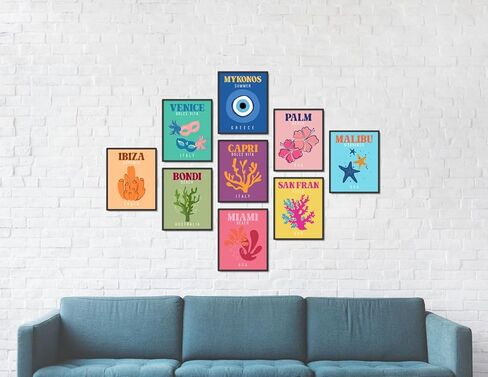 ملصقات فنية جدارية للسفر من Teevoc بمقاس 20.32 سم × 25.4 سم غير مؤطرة، 9 قطع ملونة من Preppy لديكور الغرفة الجمالية، ملصقات فنية جمالية Preppy، ملصق مسكن جامعي وردي، مجموعة من 9 بدون إطار in Kuwait