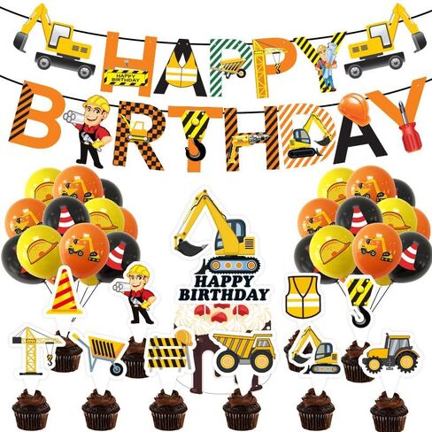 33pcs Construction Birthday Decorations For Boys construction Party Supplies For 1st 2nd Boys Birthday Excavator Construction Balloons, Birthday Banner Cake Toppers For Kids Birthday Party Decor in Saudi Arabia