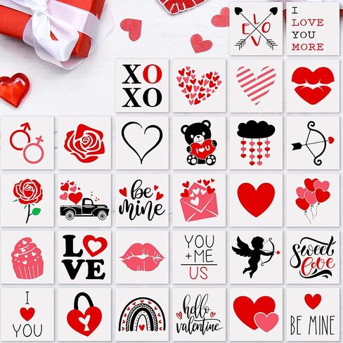 Whaline 30Pcs Small Valentine's Day Stencils Reusable Plastic Valentine Painting Templates Love Heart Rose Be Mine Drawing Templates for Valentines Wedding Anniversary DIY Painting on Wood in Saudi Arabia