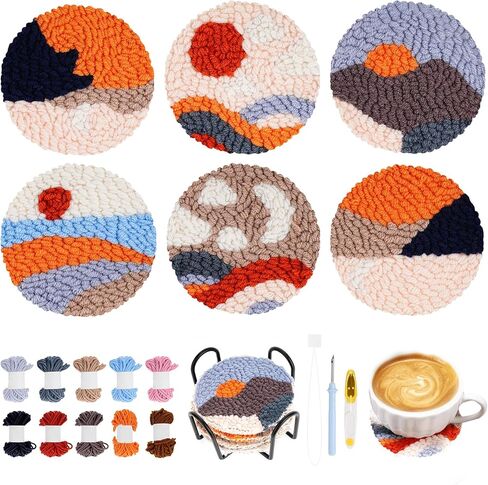Welltop Punch Needle Coasters Kit, 6 Pattern Embroidery Punch Needle, Punch Needle Embroidery Kit for Beginners and Adults in Kuwait