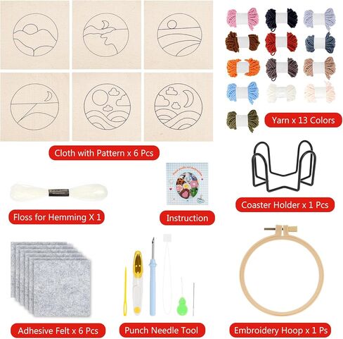 Welltop Punch Needle Coasters Kit, 6 Pattern Embroidery Punch Needle, Punch Needle Embroidery Kit for Beginners and Adults in Kuwait