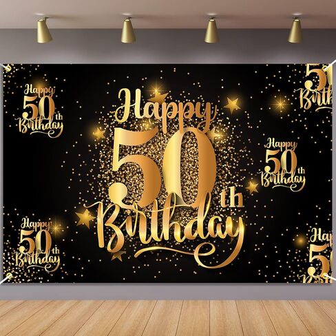 Mnixy Happy 50th Birthday Backdrop Banner Step and Repeat 50 Years Old Background Decorations for Women Men Her Him Photography Party Supplies Glitter Black Gold (1) in Kuwait