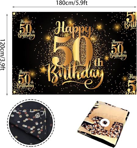 Mnixy Happy 50th Birthday Backdrop Banner Step and Repeat 50 Years Old Background Decorations for Women Men Her Him Photography Party Supplies Glitter Black Gold (1) in Kuwait