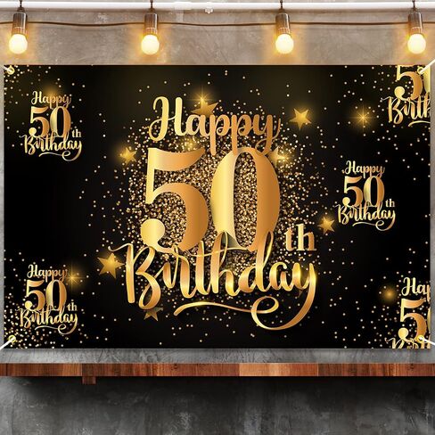 Mnixy Happy 50th Birthday Backdrop Banner Step and Repeat 50 Years Old Background Decorations for Women Men Her Him Photography Party Supplies Glitter Black Gold (1) in Kuwait