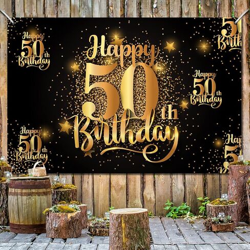 Mnixy Happy 50th Birthday Backdrop Banner Step and Repeat 50 Years Old Background Decorations for Women Men Her Him Photography Party Supplies Glitter Black Gold (1) in Kuwait