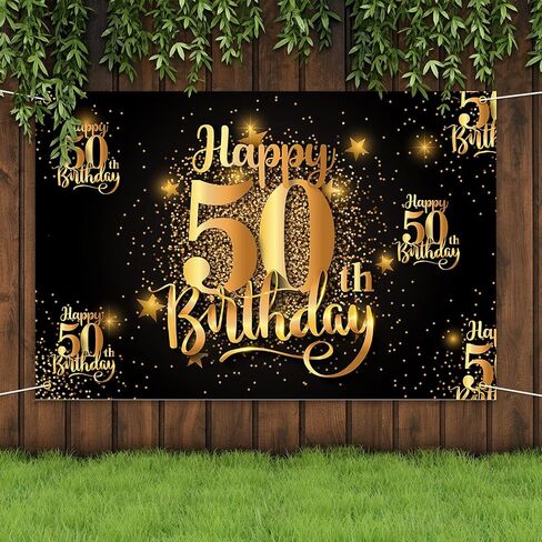 Mnixy Happy 50th Birthday Backdrop Banner Step and Repeat 50 Years Old Background Decorations for Women Men Her Him Photography Party Supplies Glitter Black Gold (1) in Kuwait