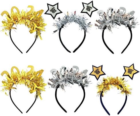 كيو اي سي اي 6 قطع من شريط رأس السنة الجديدة السعيدة، شريط رأس لامع مزين بالترتر على شكل نجمة وليلة رأس السنة الجديدة، رأس ذهبية وفضية لتزيين حفلات عيد الميلاد والكرنفال in Kuwait