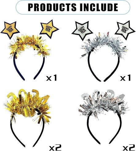 كيو اي سي اي 6 قطع من شريط رأس السنة الجديدة السعيدة، شريط رأس لامع مزين بالترتر على شكل نجمة وليلة رأس السنة الجديدة، رأس ذهبية وفضية لتزيين حفلات عيد الميلاد والكرنفال in Kuwait