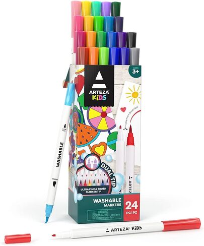 ARTEZA Kids Washable Markers, Bright Colors, 16 Brush Tip Erasable Marker Pens and 2 Eraser Pens, School Supplies for Kids Ages 3 and Up in Kuwait