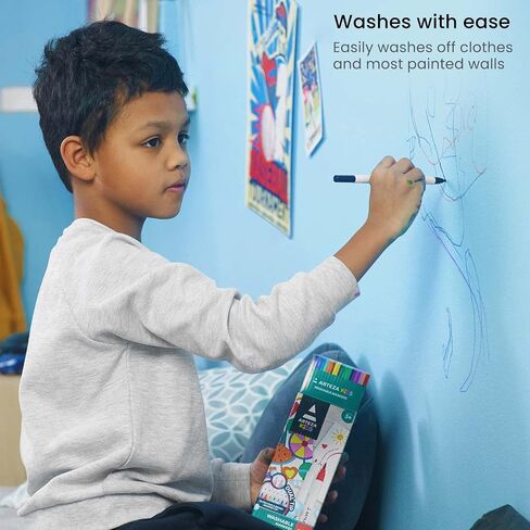 ARTEZA Kids Washable Markers, Bright Colors, 16 Brush Tip Erasable Marker Pens and 2 Eraser Pens, School Supplies for Kids Ages 3 and Up in Kuwait