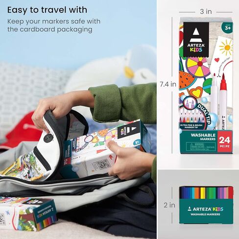 ARTEZA Kids Washable Markers, Bright Colors, 16 Brush Tip Erasable Marker Pens and 2 Eraser Pens, School Supplies for Kids Ages 3 and Up in Kuwait