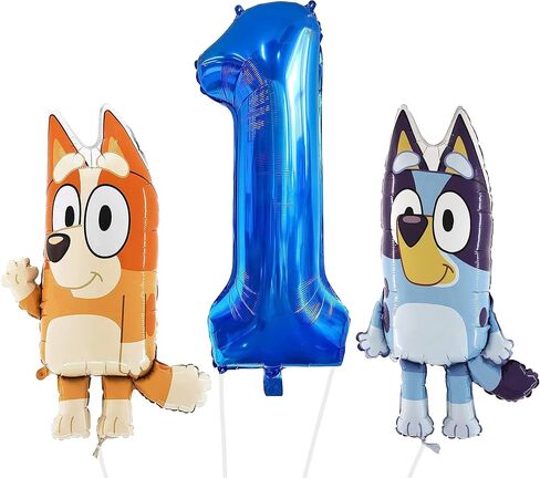 Toyland® Bluey & Bingo Foil Balloon Birthday Pack - 2 x 32" Character Balloons & 1 x 40" Number Balloon - Kids Party Decorations in Kuwait