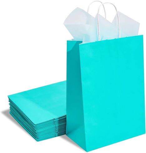 DjinnGlory 24 Pack Medium Size Teal Blue Paper Gift Bags with Handles 10x8x4 Inch and 24 Tissue Paper for Birthday Wedding Baby Bridal Shower Party Favors, Merchandise Shopping Bags in Kuwait