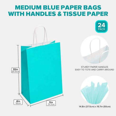 DjinnGlory 24 Pack Medium Size Teal Blue Paper Gift Bags with Handles 10x8x4 Inch and 24 Tissue Paper for Birthday Wedding Baby Bridal Shower Party Favors, Merchandise Shopping Bags in Kuwait