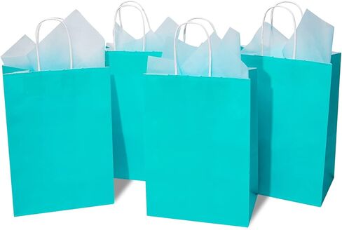 DjinnGlory 24 Pack Medium Size Teal Blue Paper Gift Bags with Handles 10x8x4 Inch and 24 Tissue Paper for Birthday Wedding Baby Bridal Shower Party Favors, Merchandise Shopping Bags in Kuwait