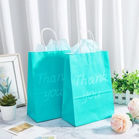 DjinnGlory 24 Pack Medium Size Teal Blue Paper Gift Bags with Handles 10x8x4 Inch and 24 Tissue Paper for Birthday Wedding Baby Bridal Shower Party Favors, Merchandise Shopping Bags in Kuwait