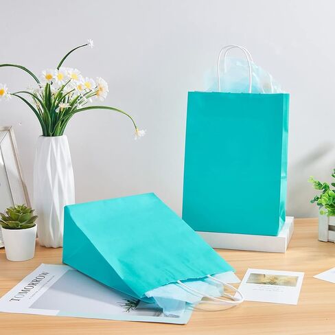DjinnGlory 24 Pack Medium Size Teal Blue Paper Gift Bags with Handles 10x8x4 Inch and 24 Tissue Paper for Birthday Wedding Baby Bridal Shower Party Favors, Merchandise Shopping Bags in Kuwait