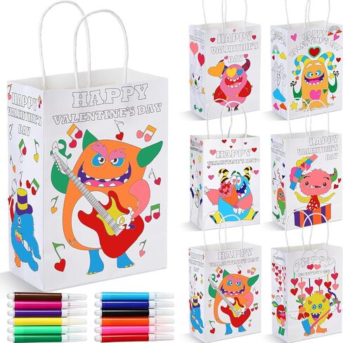 Jetec 120 Packs Valentine's Day Paper Gift Bags DIY Color Your Own Valentines Paper Bags with Handle and 60 Pcs Watercolor Pens Funny Coloring Gift Wrap Bags Goodie Bags for Kids Party Favors Supplies in Saudi Arabia