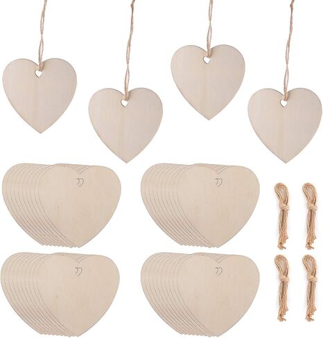 Tosnail 100 Pieces 3" Wooden Hearts with Pre-Drilled Holes and 100 Jute Strings, Unfinished Wooden Heart Slices Discs Cutout Pieces Heart Tags for Arts, Crafts in Saudi Arabia