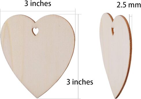 Tosnail 100 Pieces 3" Wooden Hearts with Pre-Drilled Holes and 100 Jute Strings, Unfinished Wooden Heart Slices Discs Cutout Pieces Heart Tags for Arts, Crafts in Saudi Arabia