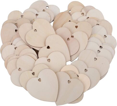 Tosnail 100 Pieces 3" Wooden Hearts with Pre-Drilled Holes and 100 Jute Strings, Unfinished Wooden Heart Slices Discs Cutout Pieces Heart Tags for Arts, Crafts in Saudi Arabia