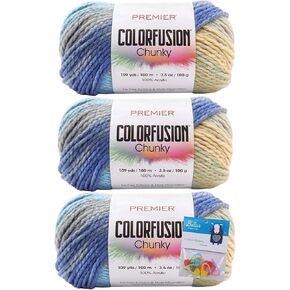 Premier Yarns Colorfusion Chunky Bulky Crochet Knitting Yarn 3.5 Oz Each Skein #5 Bulky Weight 3 Pack Bundle with Bella's Crafts Stitch Markers (Tropical)