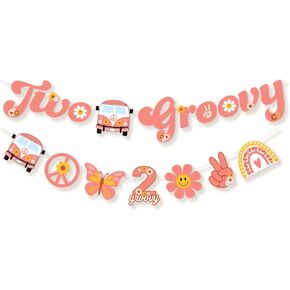 Ushinemi Two Groovy Party Decorations, Hippie Two Groovy Hanging Banner with Boho Garland, Retro Hippie Decor for Kids Girls