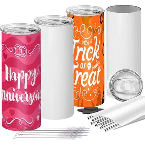 أكواب التسامي فارغة 20 أونصة 4 عبوات؛ مجموعة أكواب بيضاء نحيفة مع غطاء وقش وفرشاة ولفائف؛ كوب قهوة معزول بجدار مزدوج من الفولاذ المقاوم للصدأ مع طلاء بالتسامي؛ هدية معلبة in Kuwait