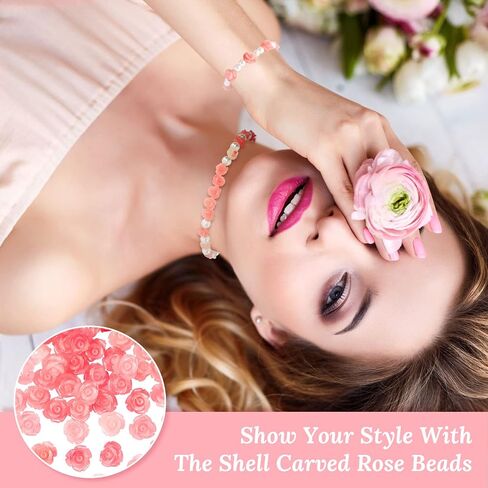 Whaline 50Pcs Rose Beads Pink Shell Rose Carved Loose Beads Floral Cameos Spacer Bead for Buddha Mala Jewelry Making Necklace Bracelet Supplies Scrapbooking DIY Crafts Wedding Decors in Kuwait