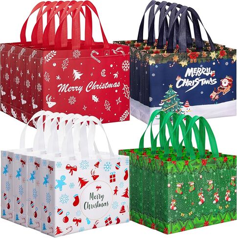 Sunolga 16 Pcs Christmas Gift Bags, Reusable Treat Bags for Xmas Party, Christmas Tote Bags with Handles, 4 Patterns Shopping Wrapping Bags, Christmas Party Supplies Decorations in Kuwait