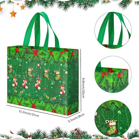 Sunolga 16 Pcs Christmas Gift Bags, Reusable Treat Bags for Xmas Party, Christmas Tote Bags with Handles, 4 Patterns Shopping Wrapping Bags, Christmas Party Supplies Decorations in Kuwait