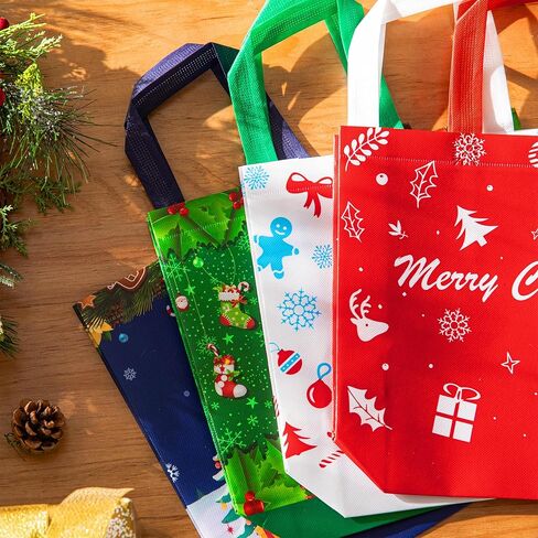 Sunolga 16 Pcs Christmas Gift Bags, Reusable Treat Bags for Xmas Party, Christmas Tote Bags with Handles, 4 Patterns Shopping Wrapping Bags, Christmas Party Supplies Decorations in Kuwait