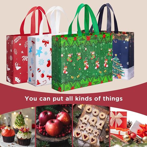 Sunolga 16 Pcs Christmas Gift Bags, Reusable Treat Bags for Xmas Party, Christmas Tote Bags with Handles, 4 Patterns Shopping Wrapping Bags, Christmas Party Supplies Decorations in Kuwait