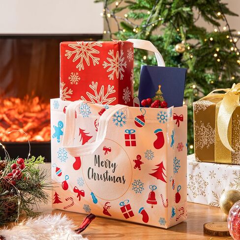 Sunolga 16 Pcs Christmas Gift Bags, Reusable Treat Bags for Xmas Party, Christmas Tote Bags with Handles, 4 Patterns Shopping Wrapping Bags, Christmas Party Supplies Decorations in Kuwait