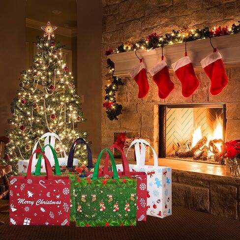 Sunolga 16 Pcs Christmas Gift Bags, Reusable Treat Bags for Xmas Party, Christmas Tote Bags with Handles, 4 Patterns Shopping Wrapping Bags, Christmas Party Supplies Decorations in Kuwait