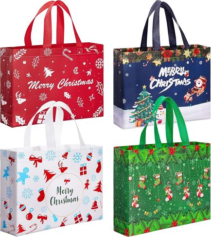 Sunolga 16 Pcs Christmas Gift Bags, Reusable Treat Bags for Xmas Party, Christmas Tote Bags with Handles, 4 Patterns Shopping Wrapping Bags, Christmas Party Supplies Decorations in Kuwait